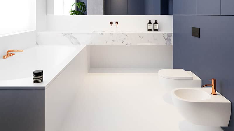 Glass lampshade in contemporary bathroom setting with sleek design and copper fixtures.