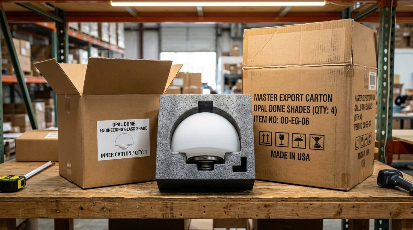 Glass lampshade in packaging with boxes labeled "Opal Dome Shades" and "Master Export Carton" in a w.