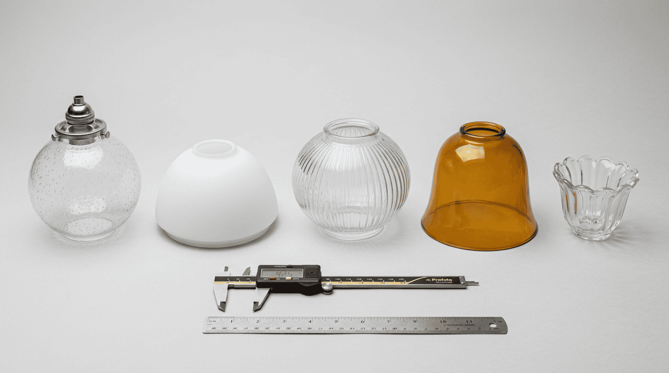 Glass lamp shade replacement options arranged with caliper and ruler: clear seeded, frosted opal, ribbed schoolhouse, amber cased, chandelier cup