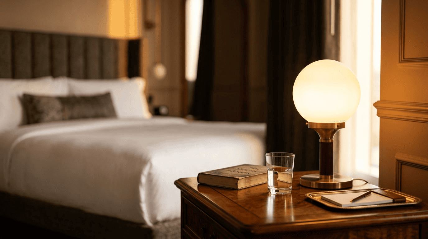 hotel lamp shades — luxury guestroom bedside lamp with frosted opal glass shade glowing warm amber