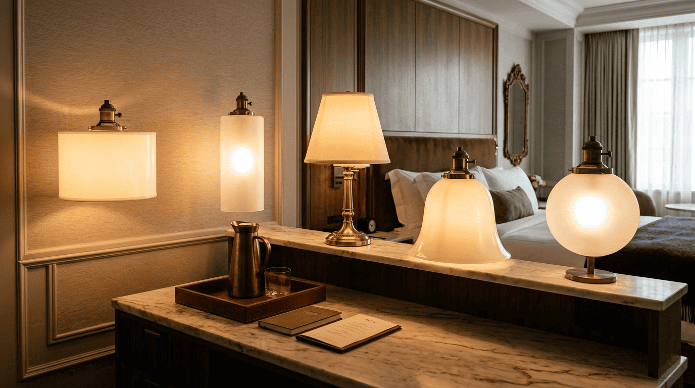 hotel lamp shades main types — hotel corridor with matching frosted glass drum shades warm amber glow