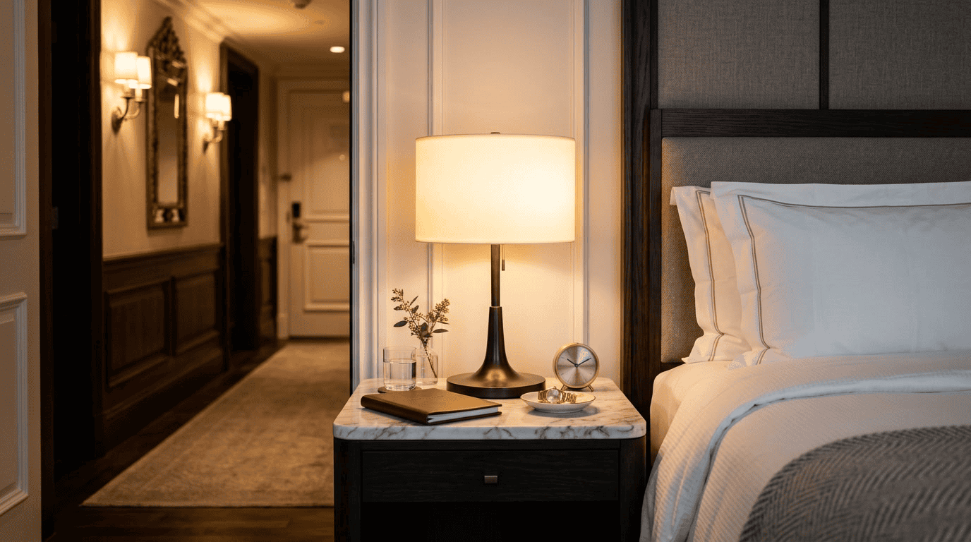 hotel glass lamp shades — luxury hotel guestroom frosted opal glass drum shade warm amber glow