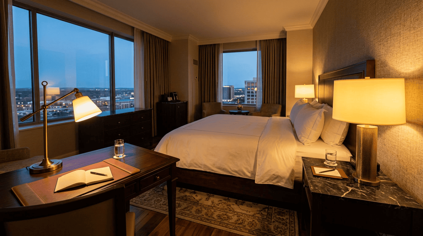 glass lamp shades for hotel rooms — luxury guestroom with frosted drum bedside and empire desk lamp warm amber