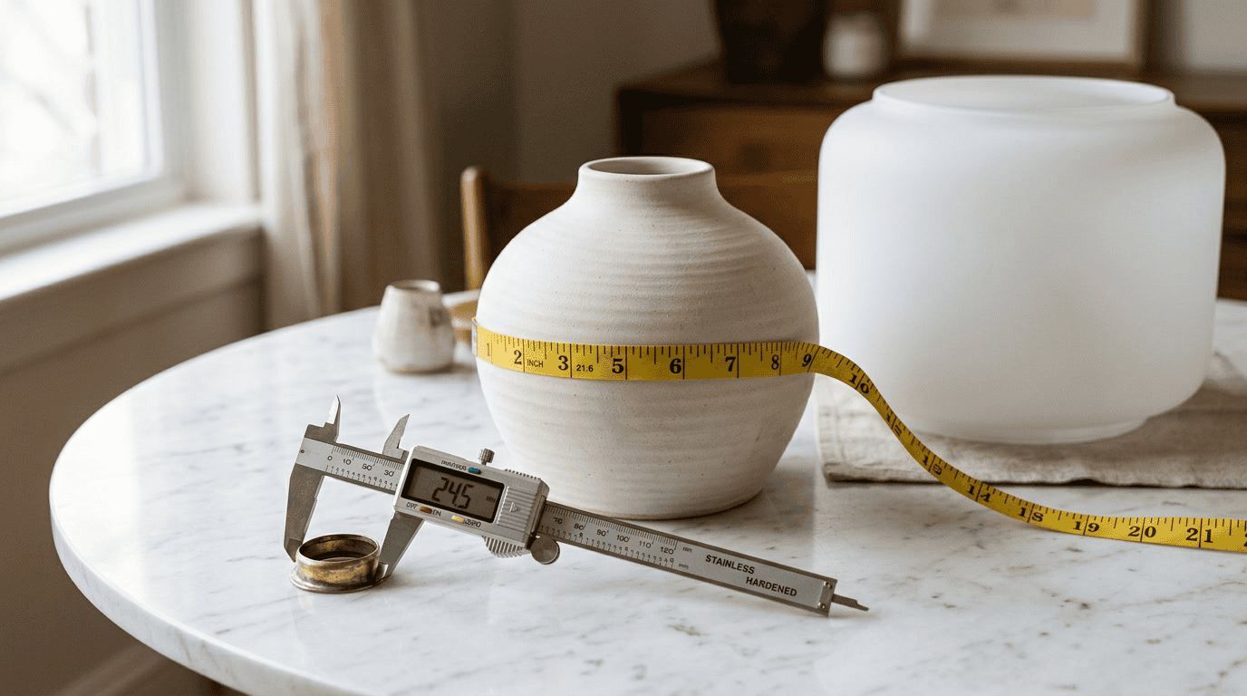 how to measure a lamp for a new lamp shade — tape measure against lamp base with calipers measuring fitter ring and glass drum shade nearby