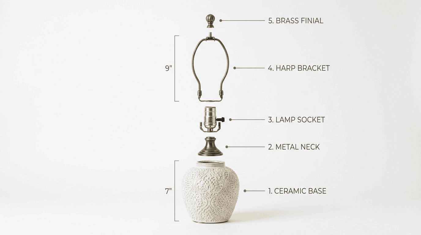 part of lamp that holds shade — exploded view table lamp with labeled components: harp, harp saddle, finial, socket, neck, and base