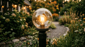 Bestes Glas für Gartenleuchten — Borosilikatglas-Kugel auf Mastaufsatz-Gartenleuchte.