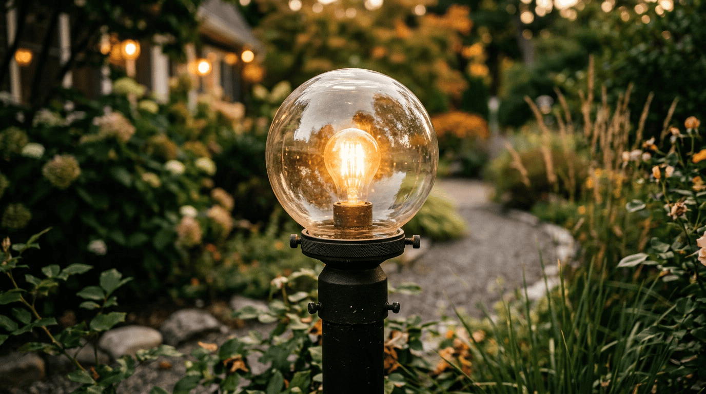 Bestes Glas für Gartenleuchten — Borosilikatglas-Kugel auf Mastaufsatz-Gartenleuchte.