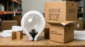 Rasenleuchten-Glaslampenschirm-Verpackung — EPE-Schaumstoff-umwickelter Glas-Kugel-Lampenschirm neben Wellpapp-Innenkarton und Haupt-Exportkarton