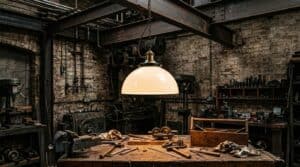 technischer Glaslampenschirm – Opalkuppel-Pendel, hängend in einer Industrie-Werkstatt über der Werkbank