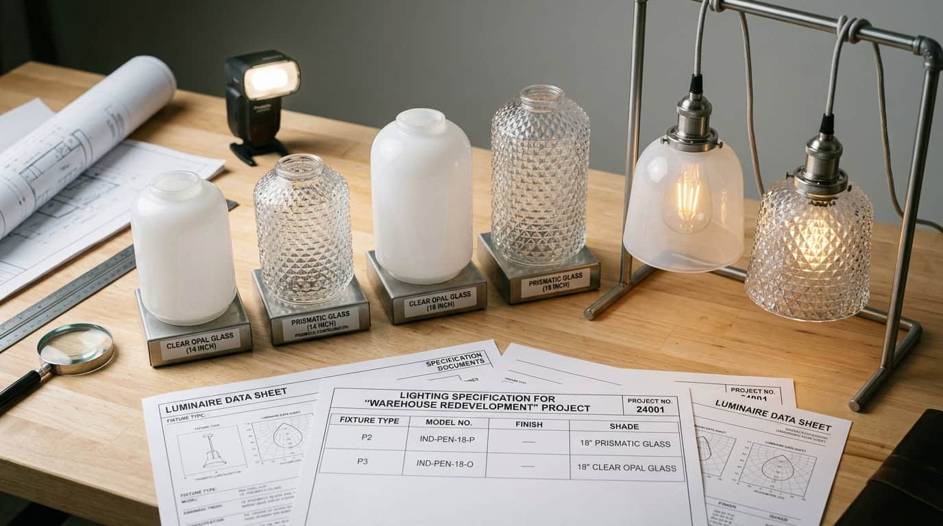 choose glass shades for technical lighting — hero showing technical specification process with glass shade samples and industrial pendant fixtures on engineer's workbench