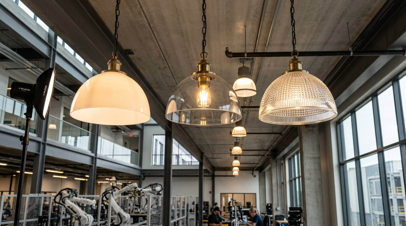 Glass lampshades hanging from ceiling in contemporary industrial space.