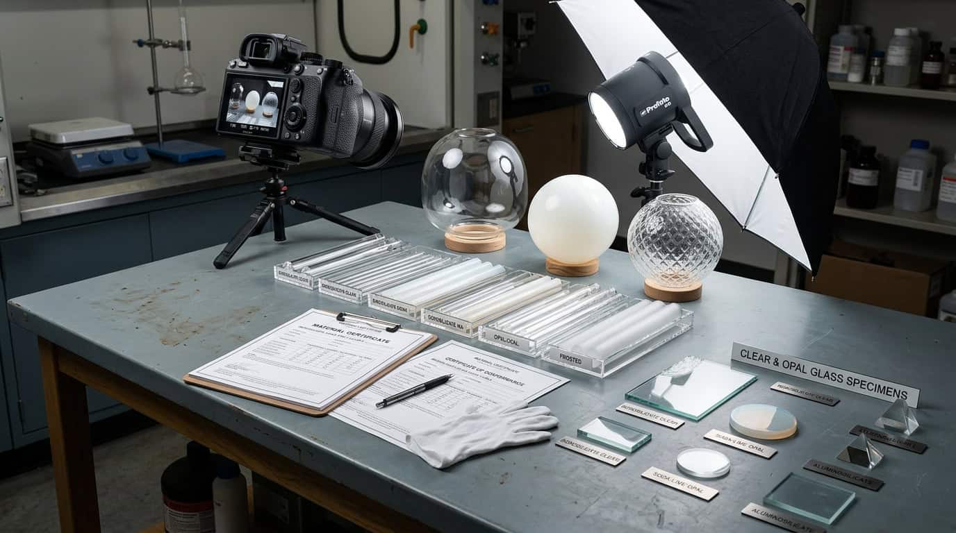 Laboratory setup for glass lampshade testing and quality control.