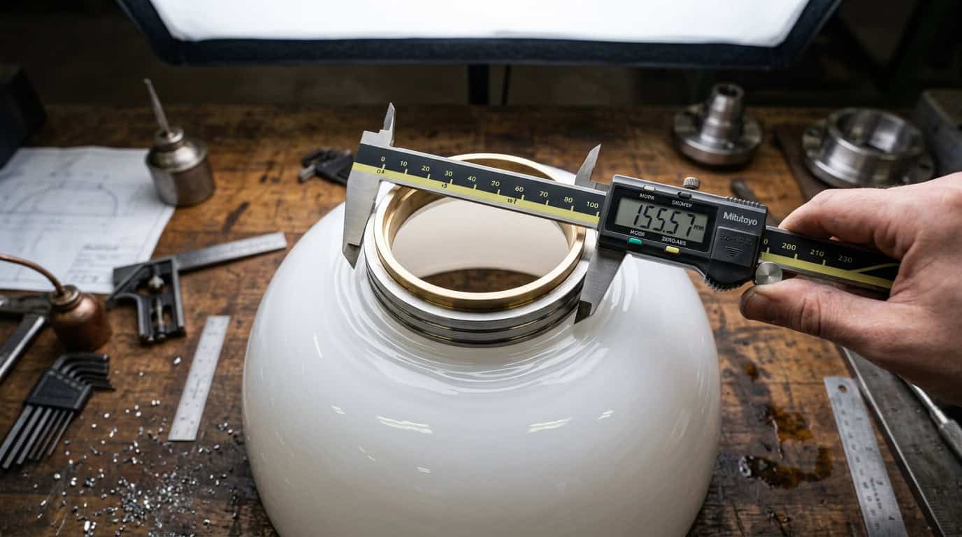 Precision measurement of a glass lampshade in a manufacturing workshop.