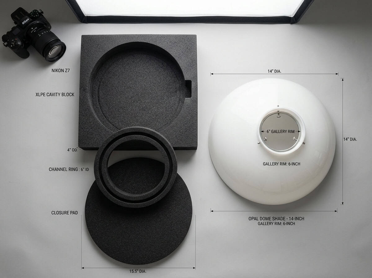 Components for glass lampshade assembly including dome, gallery rim, and foam block.