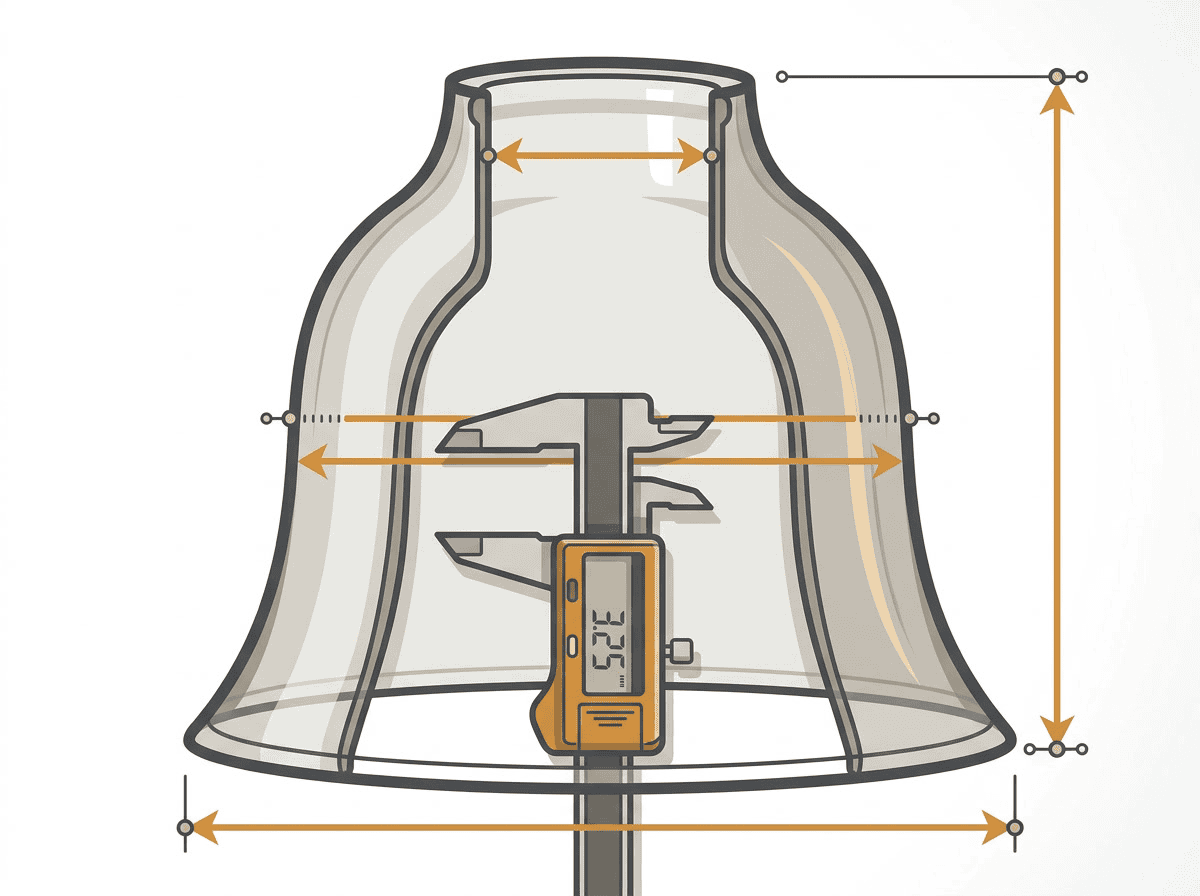 Diagramme étape par étape montrant comment mesurer un abat-jour en verre pour le remplacement : support, hauteur, diamètre maximal, diamètre du bord