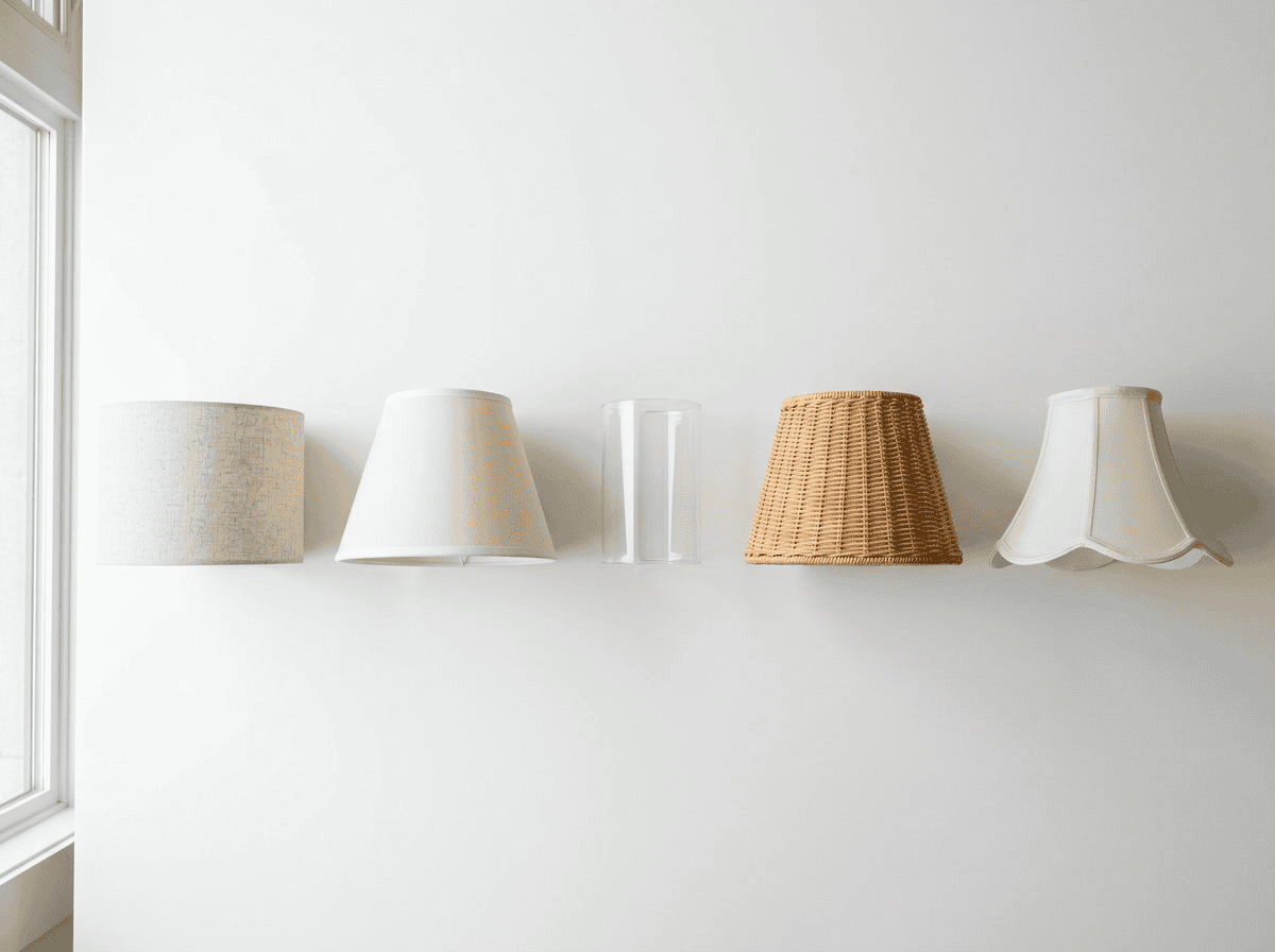 Wandschirm – Typenillustration, die Stoff-, Trommel-, Empire- und Rattanschirmstile zeigt.