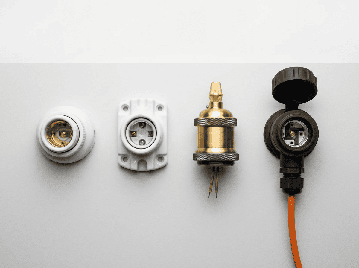 Comparação de tipos de soquetes E27 — variantes de cerâmica, porcelana, pendente de metal e fixação em ripa
