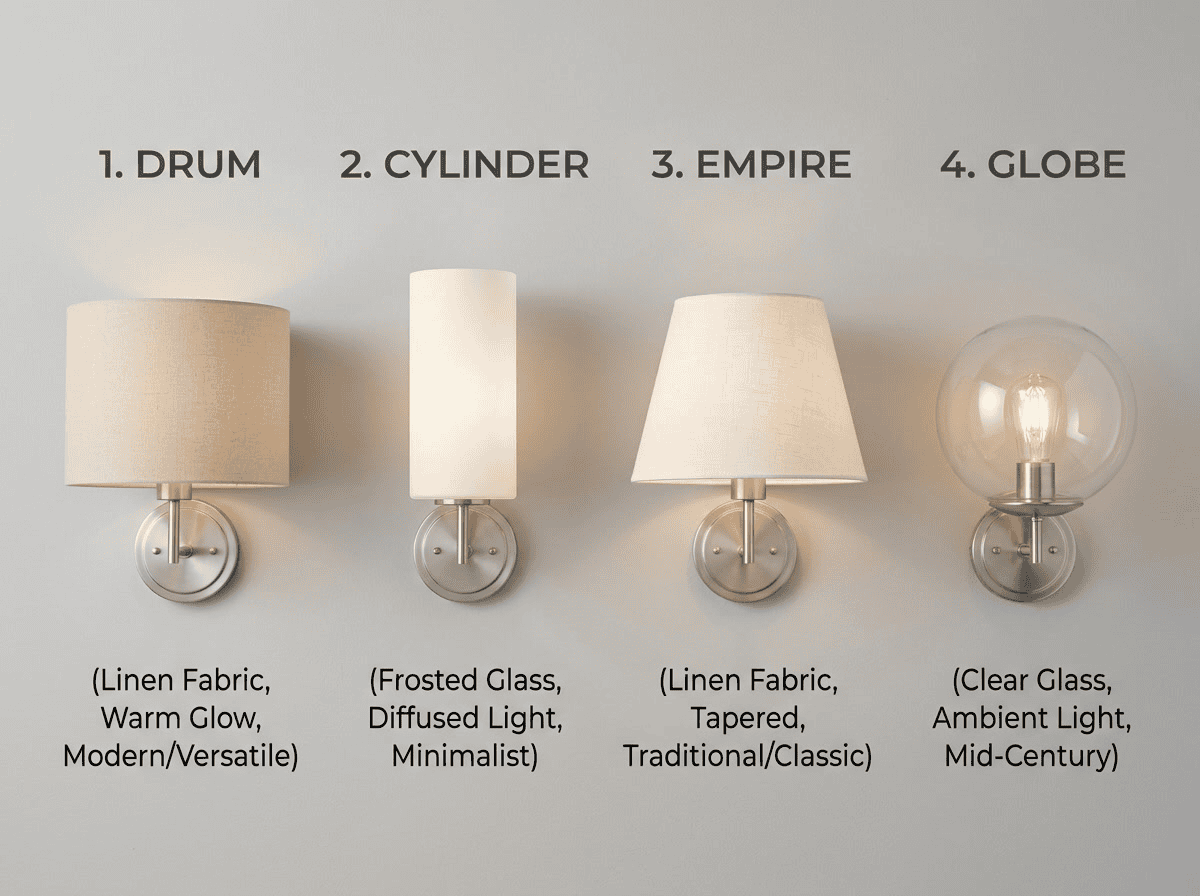 wall light shades — types comparison showing drum, empire, globe, and cone silhouettes