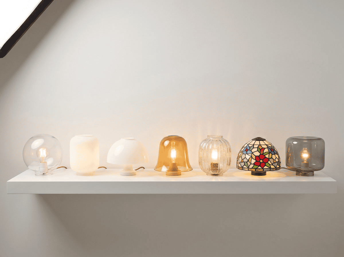 light with glass shade — diagram showing seven glass shade types side by side with labels