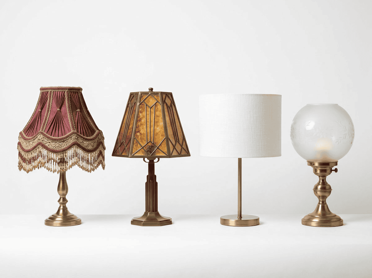 lamp shades for vintage lamps — types overview showing Victorian empire shade, Art Deco mica shade, Mid-Century drum, and glass globe side by side on matching bases