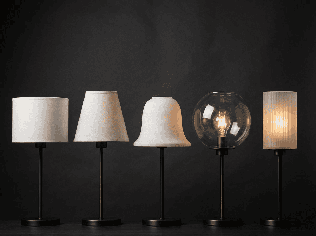 hotel lamp shades — five hotel shade types arranged in professional product photography: drum, empire, bell, globe and cylinder glass shades