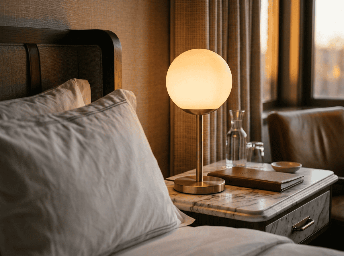Glasschirme für Hotelzimmer – Nachttisch mit opalem Glasglobus, der warmes Bernsteinlicht neben dem Hotelkissen mit Marmorrückwand ausstrahlt