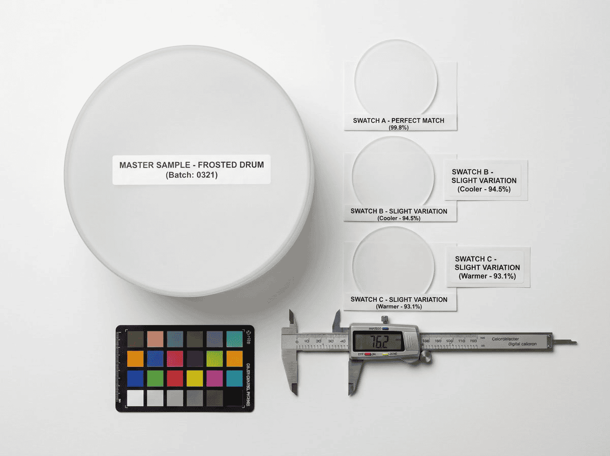 hotel lamp shade replacement — side-by-side comparison of original hotel lamp shade master sample next to replacement shade swatches on measurement surface