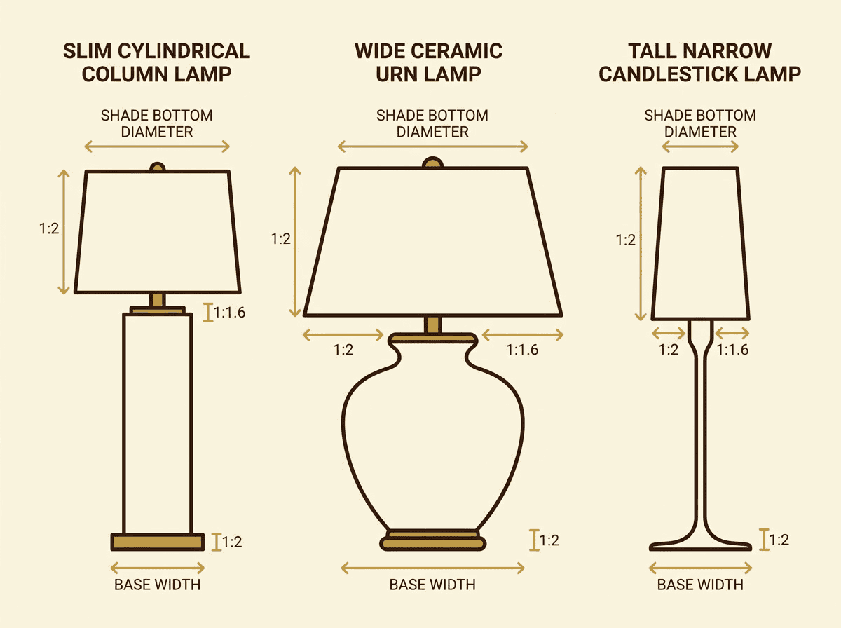 how to measure a lamp for a new lamp shade — proportion diagrams for slim column, wide urn, and candlestick lamp base types with labeled dimension arrows and ratio callouts