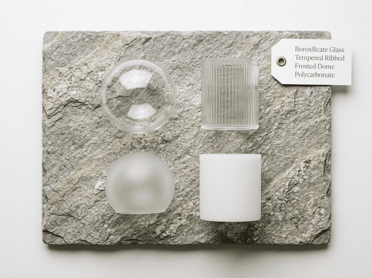 können Glaslampenschirme im Außenbereich verwendet werden – Materialvergleich mit vier Lampenschirmmaterialien nebeneinander und Klimaeignungsindikatoren, sauberes Infografik-Editorial-Design