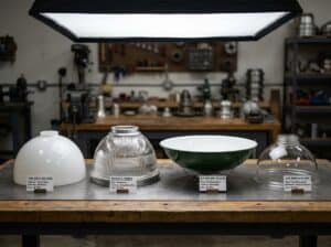 Glass lampshade manufacturing workshop with various glass shapes and tools.