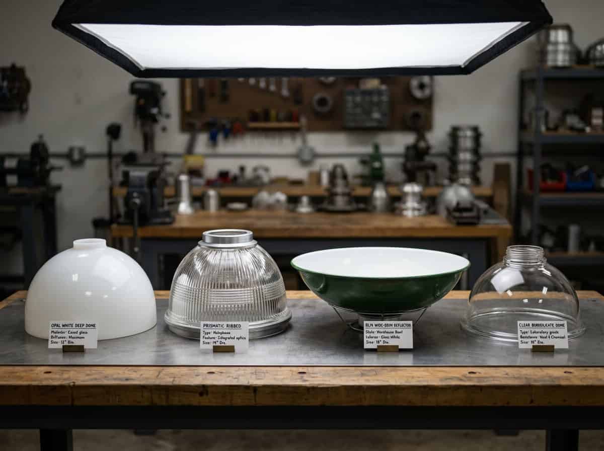 Glass lampshade manufacturing workshop with various glass shapes and tools.