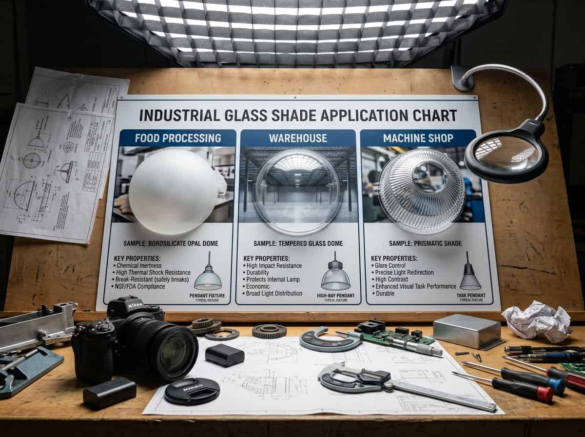 Industrial glass shade application chart for food processing, warehouse, and machine shop lighting.