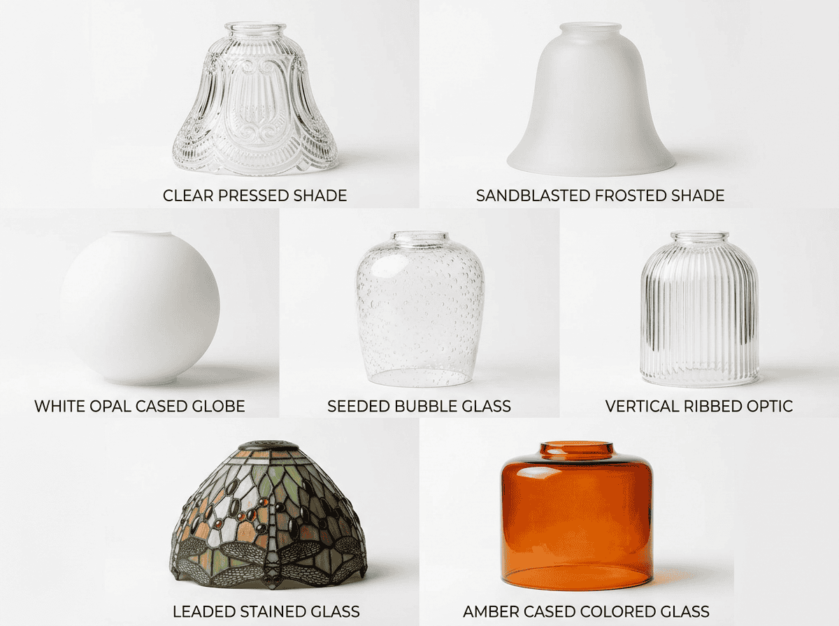 Comparison chart of seven glass lamp shade types: clear, frosted, opal, seeded, ribbed, stained, and colored cased glass