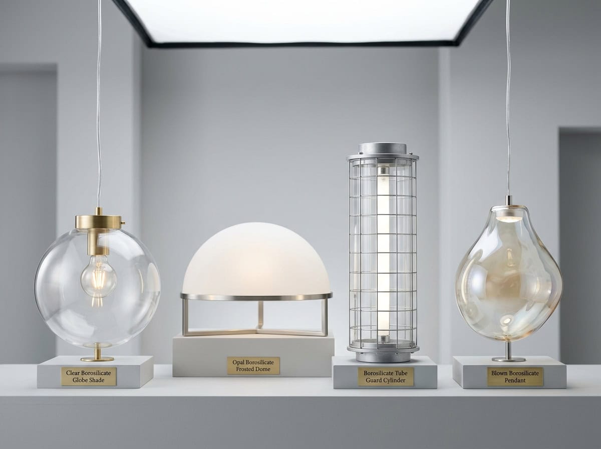 borosilicate glass for lighting — four forms shown: clear borosilicate globe shade, opal borosilicate frosted shade, borosilicate tube lamp guard, and blown borosilicate pendant shade