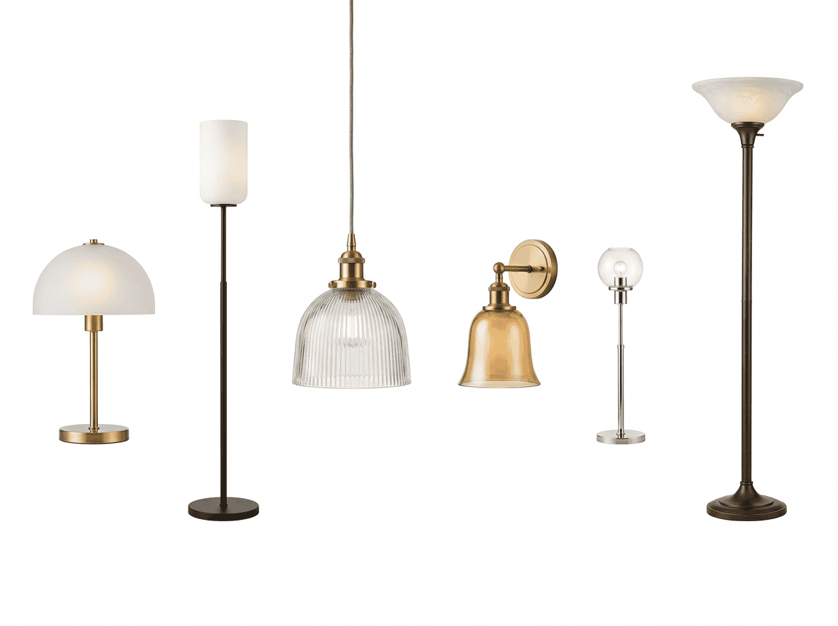 Six types of glass lamp shade lamps shown side-by-side: table, floor, pendant, sconce, accent, and torchiere