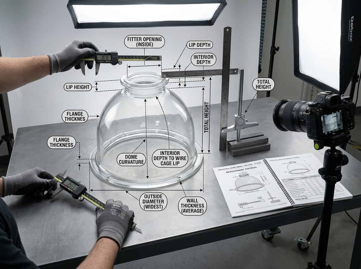 Precision glass lampshade manufacturing with detailed measurements and quality control.