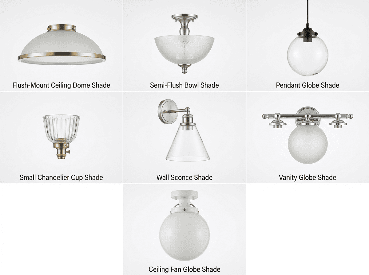 Sieben Arten von Glaslichtschirmen nach Leuchtenart: bündig, halb bündig, Pendel, Kronleuchter, Wandlampe, Schminktisch, Deckenventilator-Globus