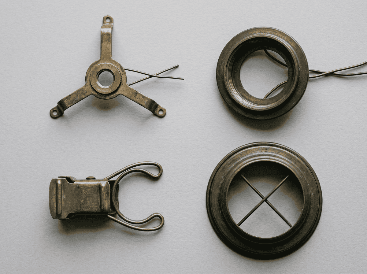 lamp shades for vintage lamps — how-to guide showing four fitter types with labeled diagrams: spider on harp, UNO threaded socket, clip-on spring ring, chimney glass collar