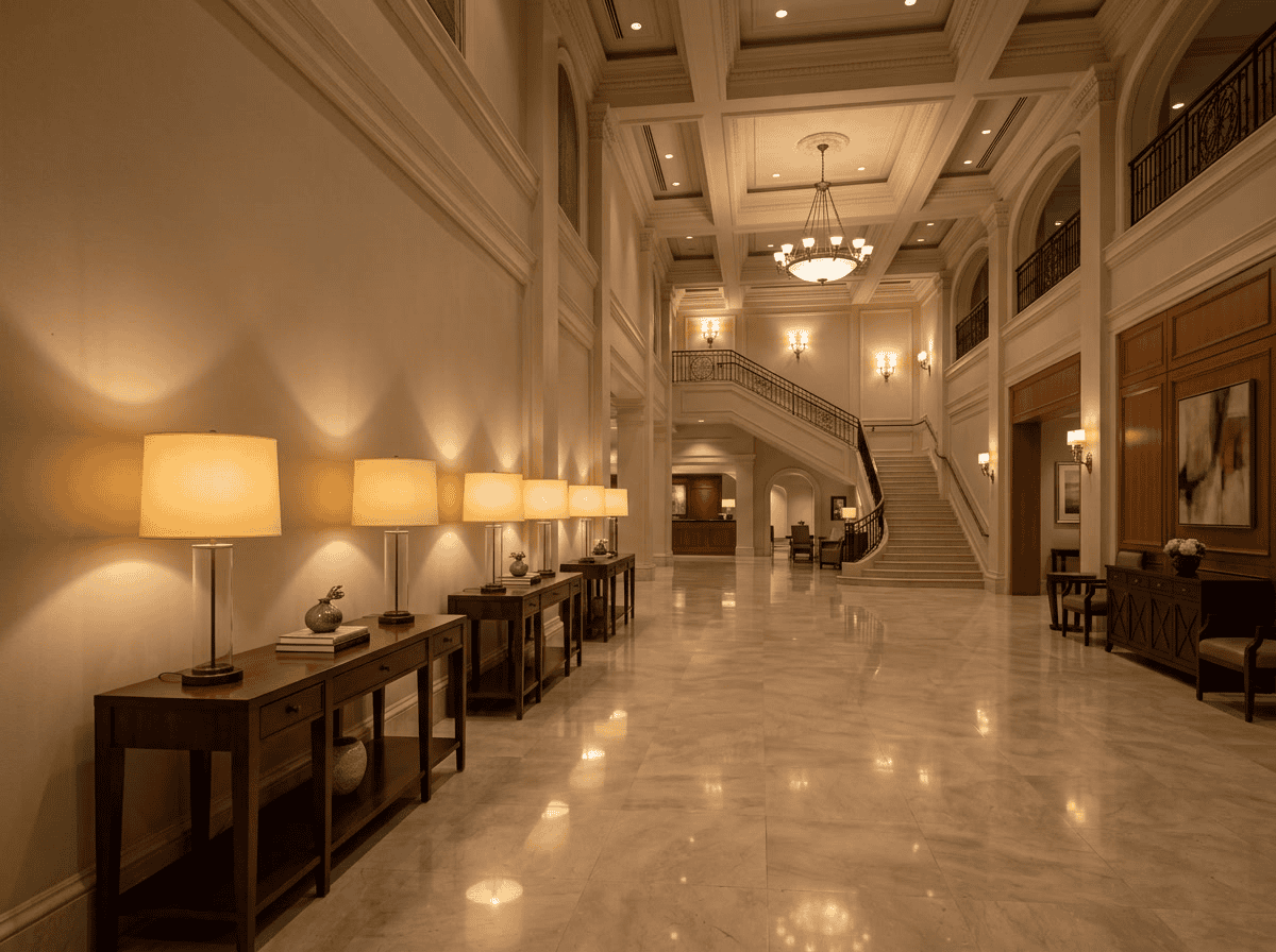 hotel lamp shades — hotel lobby interior with multiple coordinated table lamps featuring matching glass shades, warm professional hospitality atmosphere