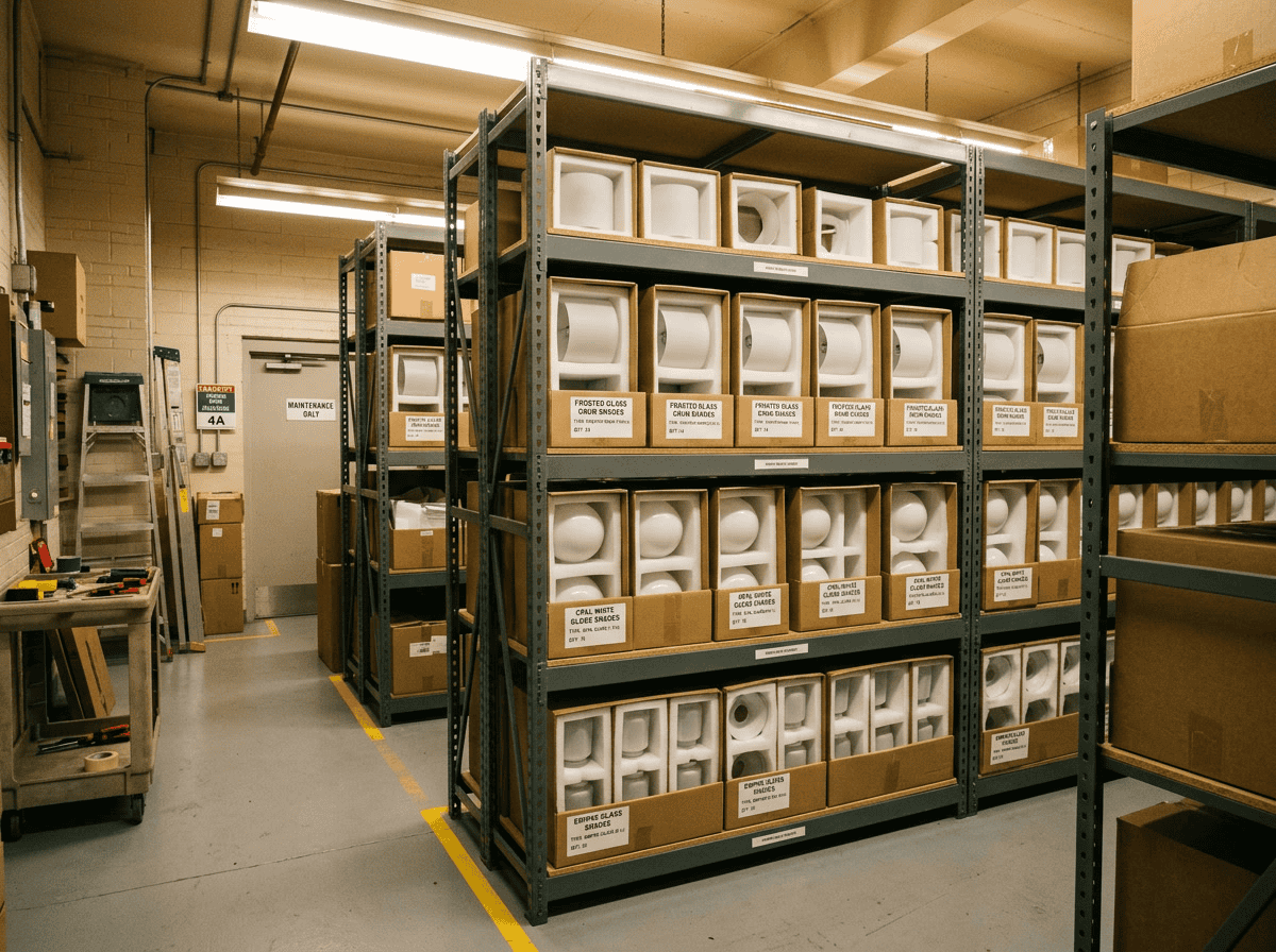 hotel lamp shade replacement — hotel maintenance storeroom showing organized buffer stock of lamp shades labelled by type and room specification