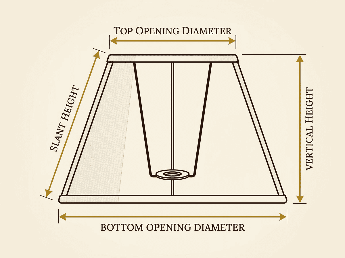 how to measure a lamp for a new lamp shade — cross-section diagram with four labeled measurement arrows showing top diameter, bottom diameter, slant height, and vertical height on a tapered shade