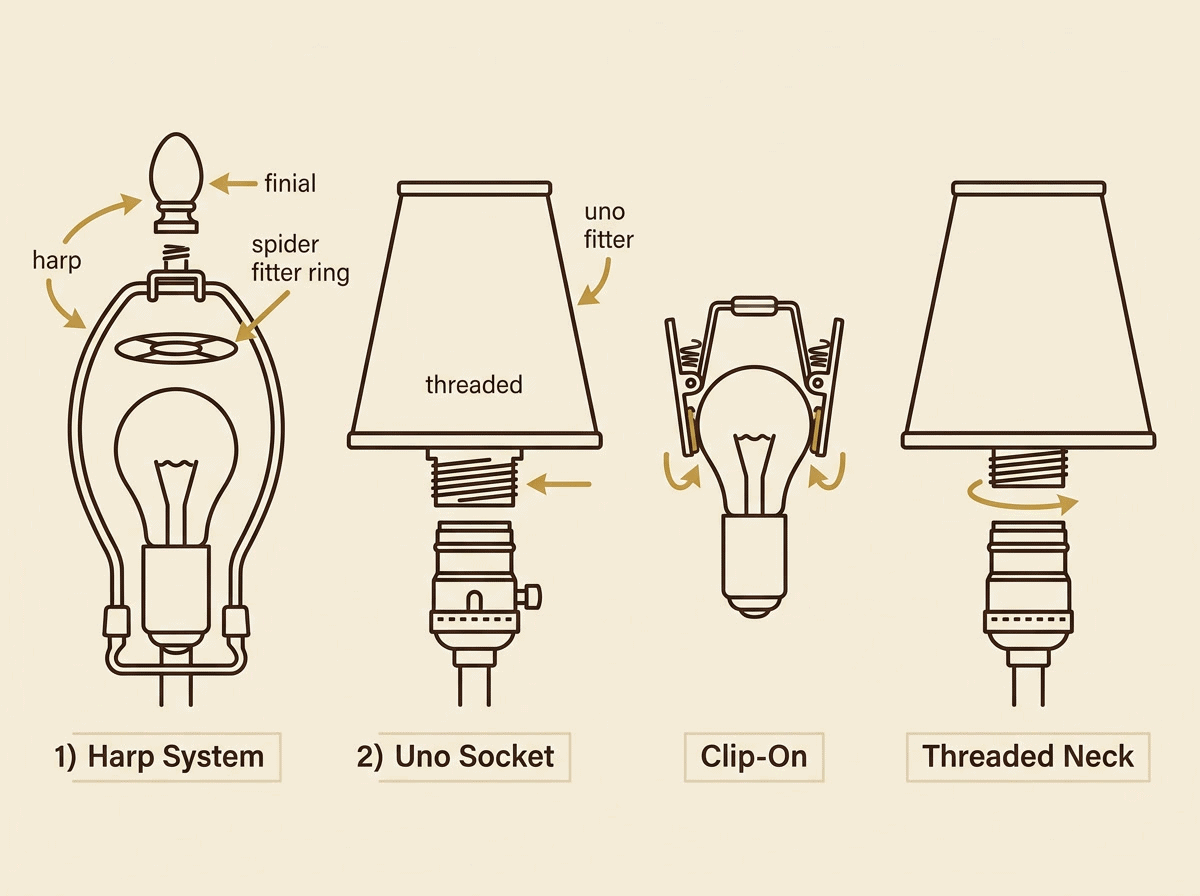 parte da luminária que segura a cúpula — infográfico mostrando quatro sistemas de fixação de cúpula lado a lado: harp com encaixe spider, soquete uno, encaixe de pressão, pescoço rosqueado — diagrama rotulado em fundo creme