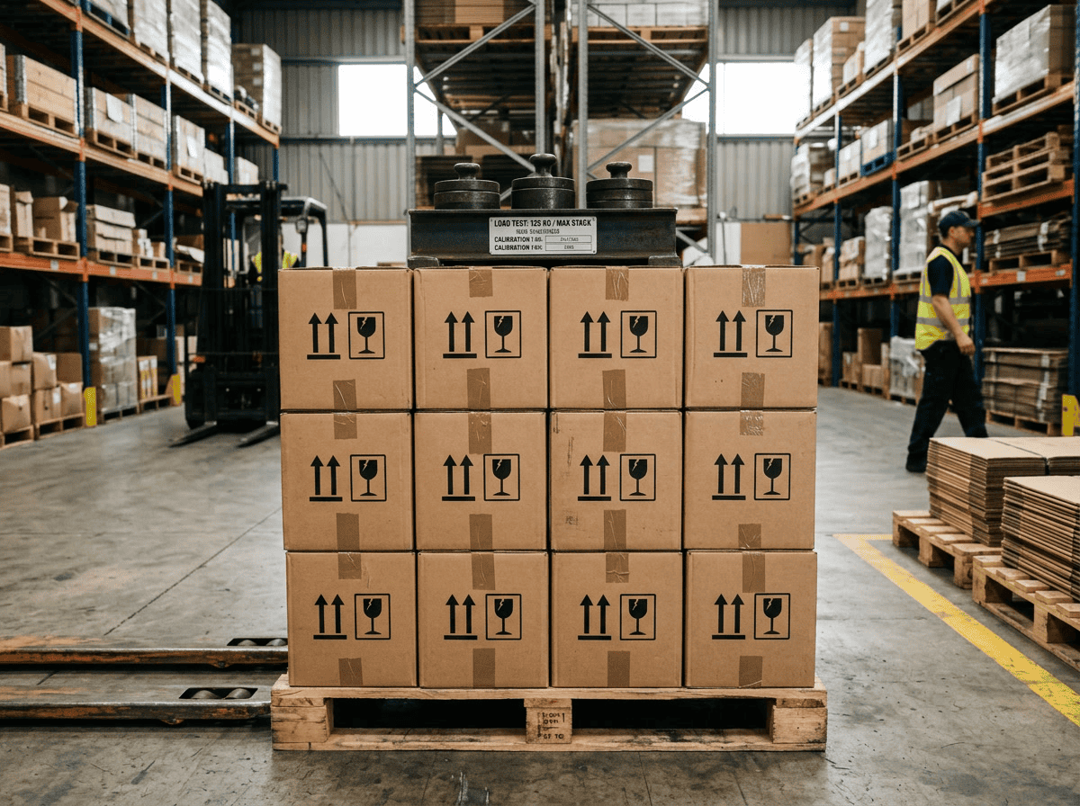 Verpackung für Außenglaslampenschirme – gestapelte Export-Hauptkartons auf einer Palette mit ECT-Kennzeichnung, Stapelpfeilen und Detailansicht des Wellpappquerschnitts