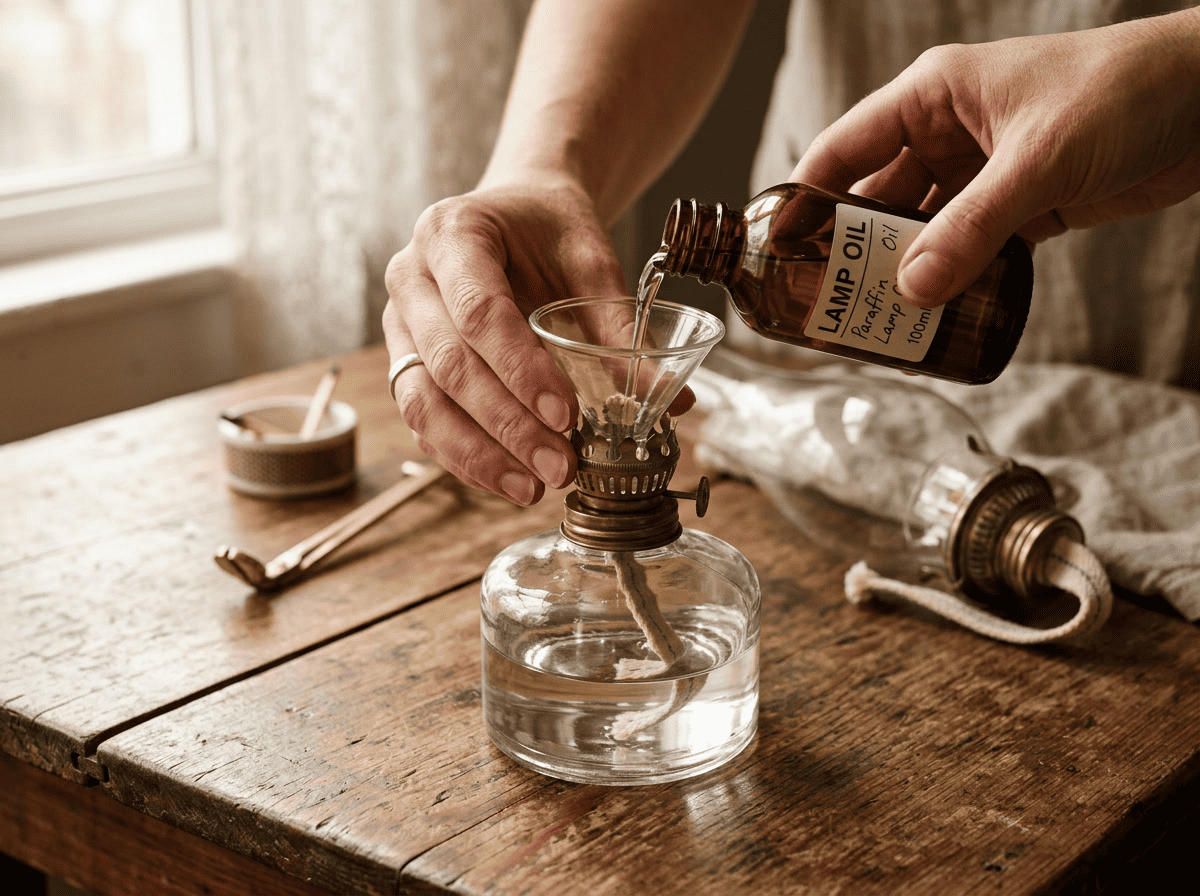 Aceite y lámpara — ilustración de cómo hacerlo mostrando la configuración paso a paso de la lámpara de aceite con instalación de chimenea de vidrio