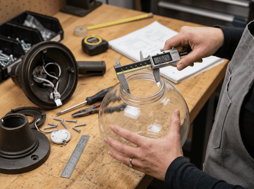 Precision measurement of glass lampshade for quality control in manufacturing.