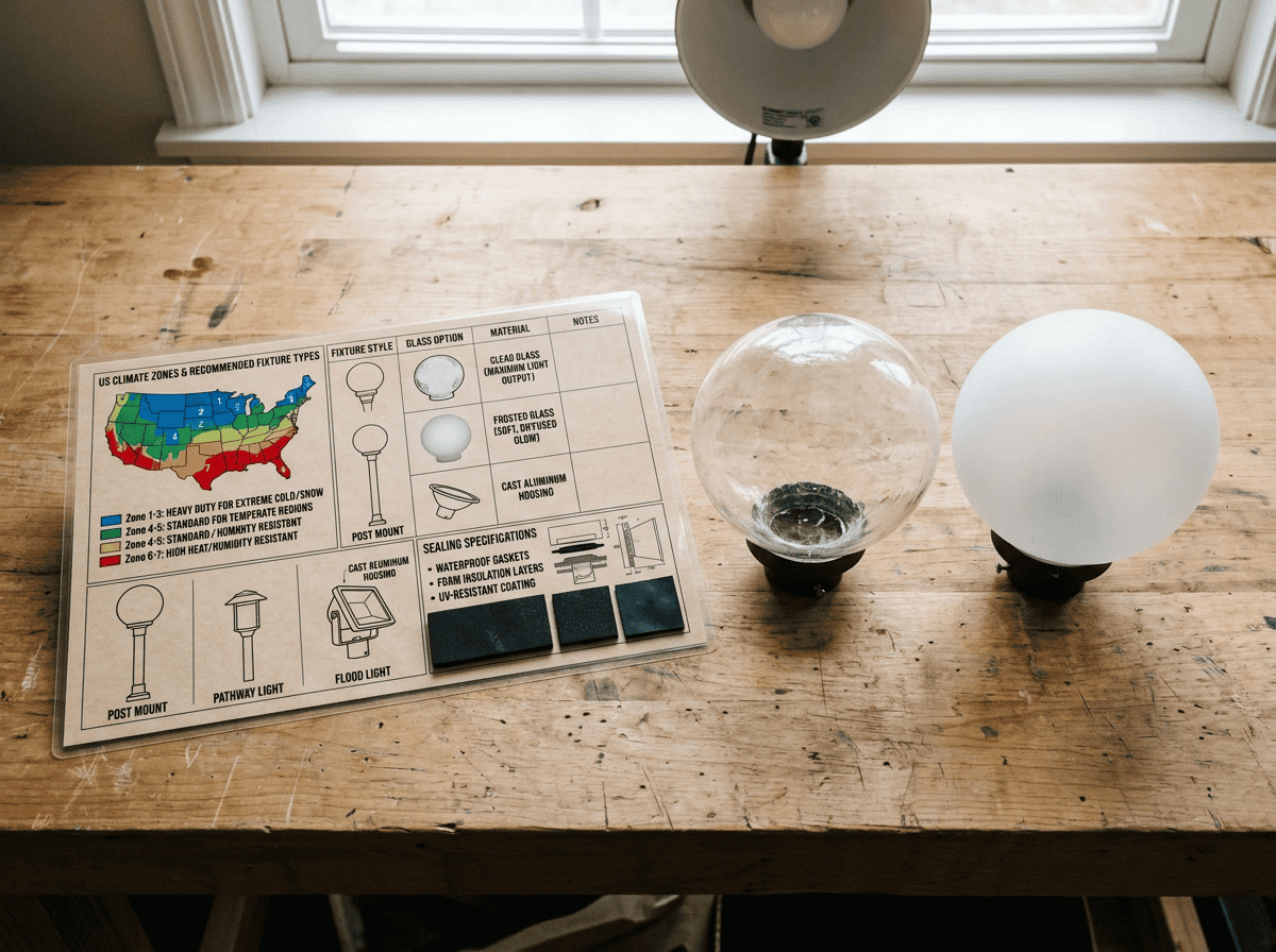 bestes Glas für Rasenleuchten – Auswahlhilfe mit Klimazonenkarte neben Glasarten-Proben mit Spezifikationsvergleich