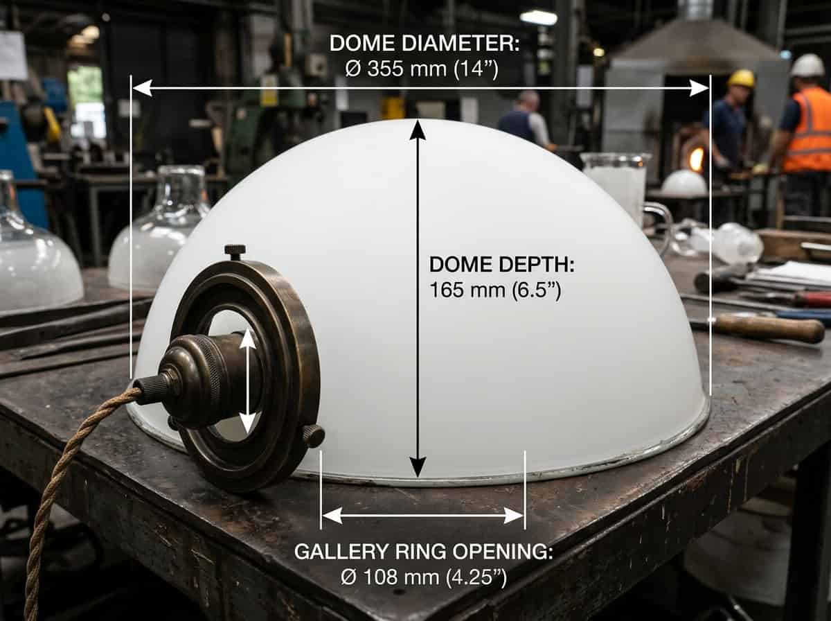 High-quality glass lampshade with precise dimensions for custom lighting solutions.