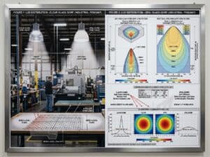 Industrial glass lampshade with light distribution charts and manufacturing details.