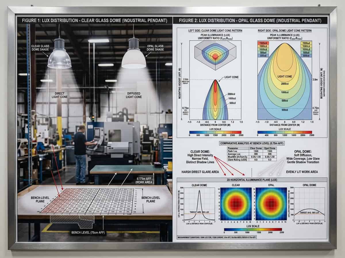 Industrial glass lampshade with light distribution charts and manufacturing details.