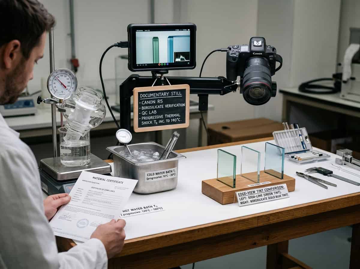 borosilicate glass for lighting — material verification showing glass composition certificate, edge-view tint comparison, and thermal shock test setup for borosilicate lamp shade